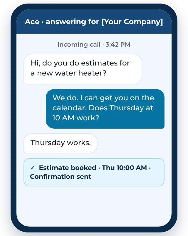 Example AI receptionist call: Ace answers for a contractor and books an estimate on the calendar