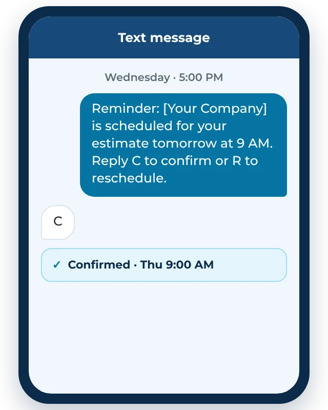 Example appointment reminder text from a contractor with confirm and reschedule options