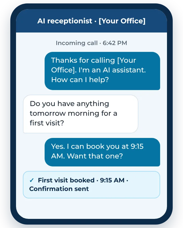 Example AI receptionist call for a chiropractic office: a caller books a first visit