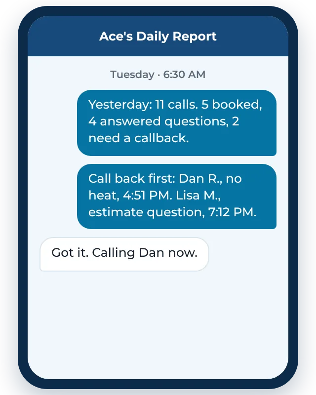 Example daily call report text listing yesterday's calls, bookings, and callbacks