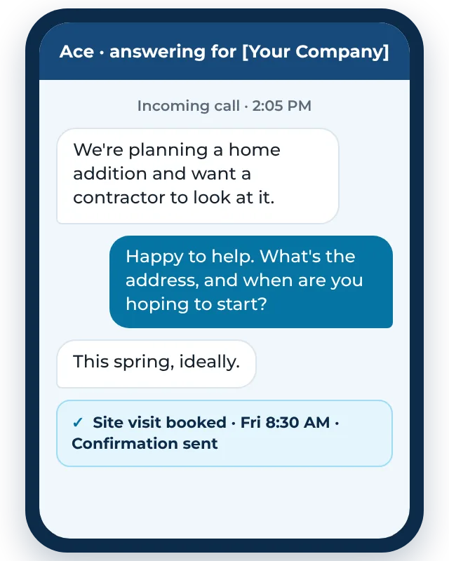 Example answering service for general contractors booking a site visit for a new project
