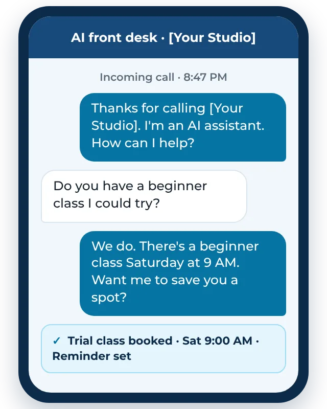 Example AI front desk call for a fitness studio: the caller asks about a trial class and gets booked