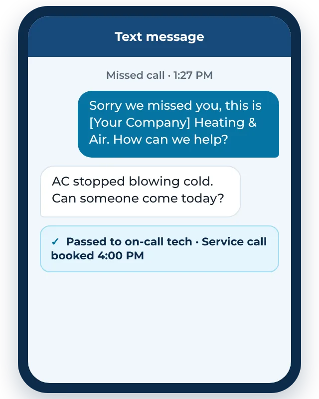 Example HVAC answering service text: a homeowner with no cooling gets an instant reply