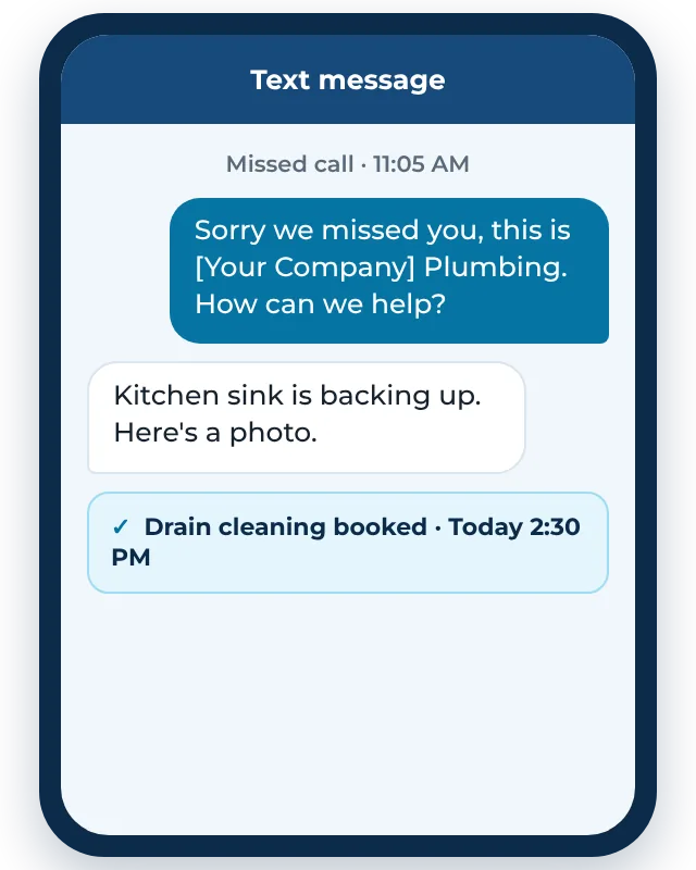 Example plumbing answering service text: a missed caller with a backed-up sink gets a reply