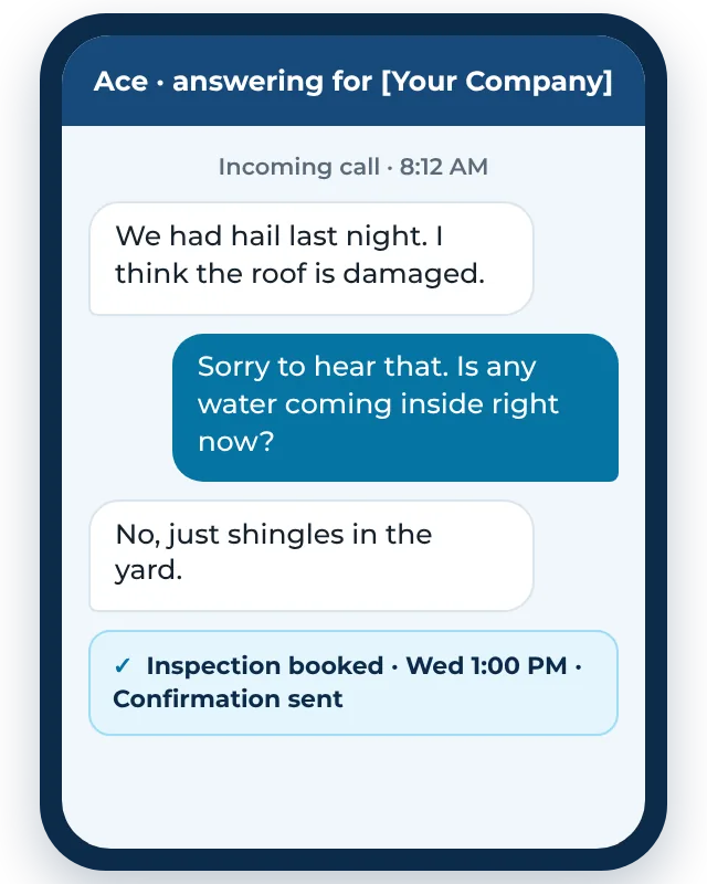 Example AI receptionist for a roofing company booking a storm damage inspection