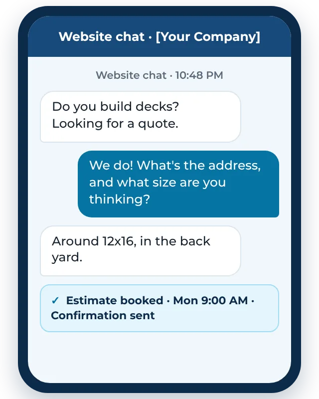 Example AI chatbot for contractors answering a website visitor and booking an estimate